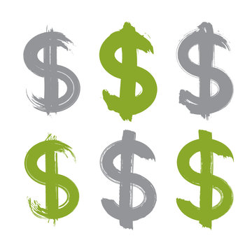 Set of hand-painted green dollar icons isolated on white backgro