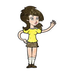 cartoon pretty woman waving for attention