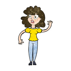 cartoon worried woman waving
