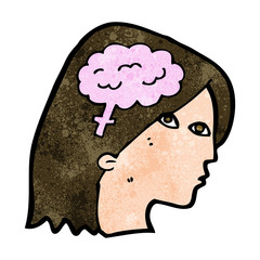 cartoon female head with brain symbol