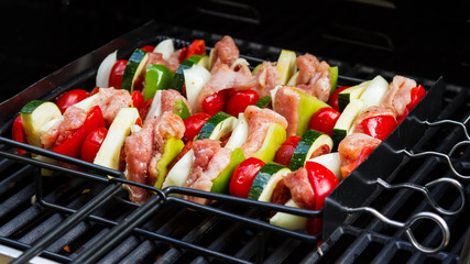 Skewer on grill / Skewer of a pork meat and vegetables on a grill