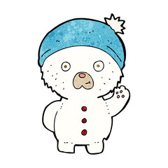 cartoon waving polar teddy bear in winter hat