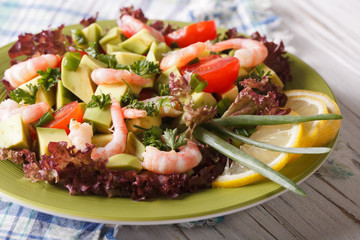 Healthy foods: avocado salad with shrimp close-up on a plate. horizontal

