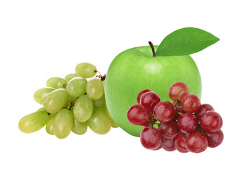 Fresh green apple and grape, isolated on white