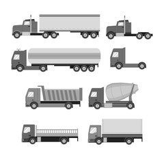 Vector set of trucks. Gray flat icons. Dump truck, tank, gasolin