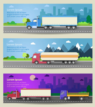 Set of web banners trucks. Color flat icons. Dump truck, tank. 