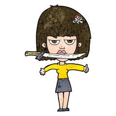 cartoon woman with knife between teeth