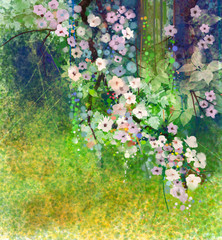 Fototapeta premium Watercolor painting apple blossom flowers and soft green leaves. Yellow-green color texture on grunge paper background. Vintage painting flowers style in soft color and blur background for your design