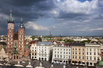 Obraz premium Krakow main square high view with dark cloudy sky, Poland,
