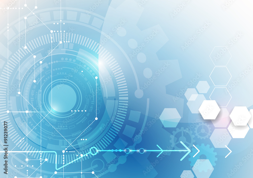 Poster vector illustration gear wheel, eye ball, hexagons and circuit board, hi-tech digital technology and
