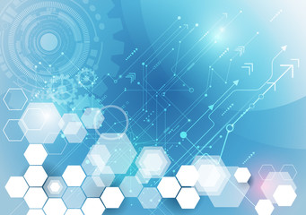 Vector illustration gear wheel, eye ball, hexagons and circuit board, Hi-tech digital technology and engineering, digital telecom technology concept. Abstract futuristic on light blue color background