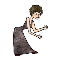 cartoon woman in dress gesturing
