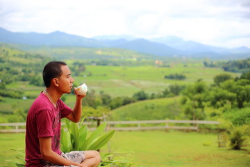 Fototapeta premium Man and Rice terraces in Mae Chaem at Thailand