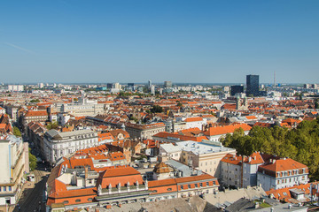 Naklejka na ściany i meble Aerial view of Zagreb center and modern business towers, city skyline 