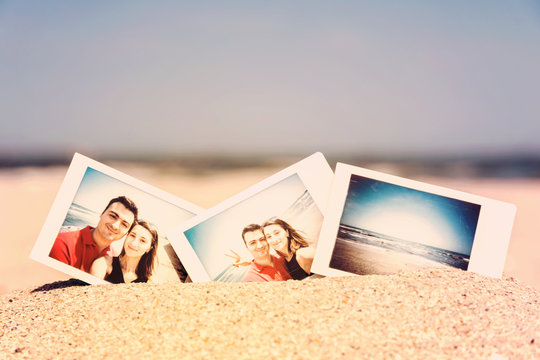 Retro Instant Photo Of Young Happy Couple On The Beach