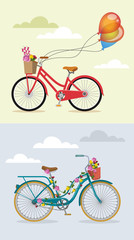 Bike with flowers set. Vector flat illustration