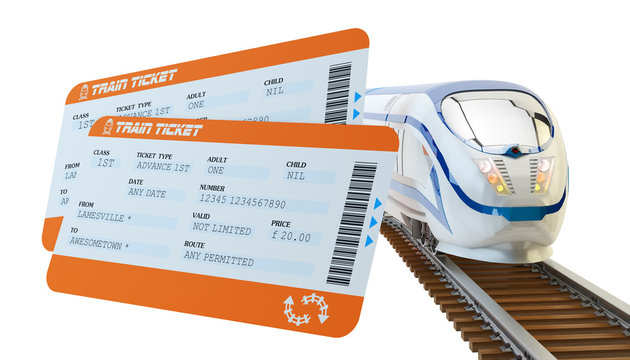 Fototapeta Railway tickets booking and railroad travel concept, train tickets and modern high speed passenger train on tracks isolated on white background