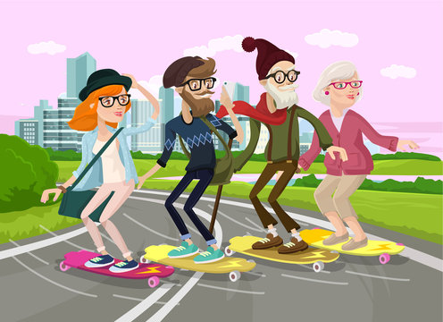 Skater family. Vector flat cartoon illustration