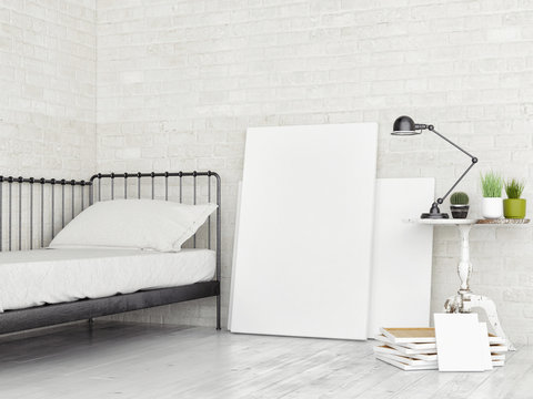 White Blank Canvas in Loft studio, retro bed,  3d render