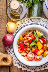 Ratatouille on a rustic table.