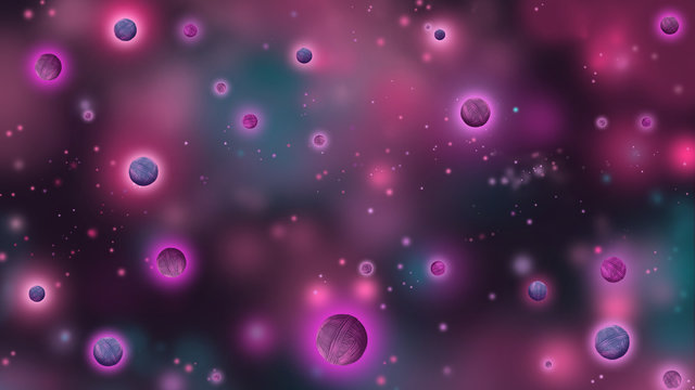 Abstract flying wool balls. Universe, galaxies, planets and stars. Digital background raster illustration.