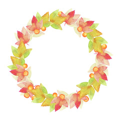 Autumn leaves. Watercolor floral background. Round frame for cards. Vector