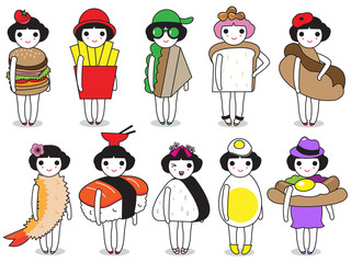 Fashion and Fast Foods character illustration set