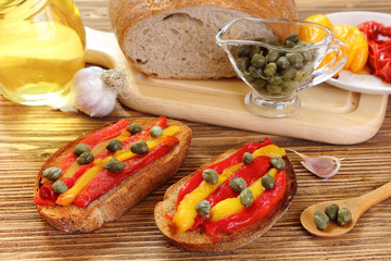 Bruschetta with grilled peppers and capers