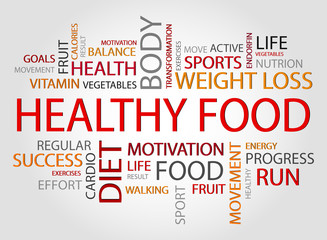 Obraz premium Healthy Food words concept, Health,Sport, Medical and Fitness concept