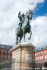 Statue of Philip III one of the famouse King of Spain  on Plaza Mayor in Madrid, Spain