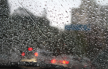 Rain drops on windshield from inside the car on street at rain