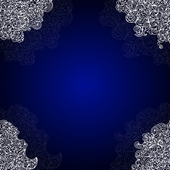 Blue abstract ornamental vector frame with white lacy corners