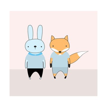 Rabbit And Fox Cartoon Cute Vector Illustration