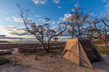 Zelfklevend Fotobehang Tent on the shores of the pink Lake Crossbie © Greg Brave