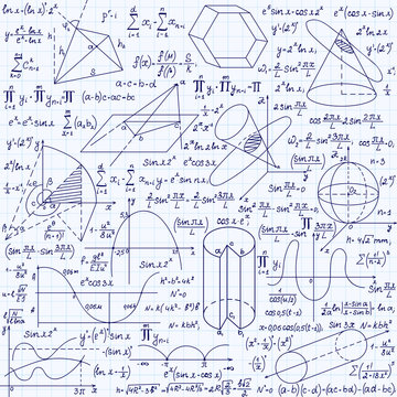 Mathematical vector seamless pattern with geometrical figures, plots and equations, "handwritten on the grid copybook paper". Endless math texture