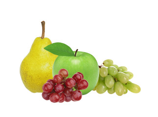 Apple, pear and grape isolated on white