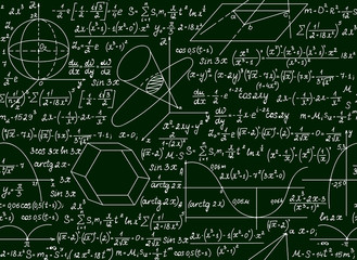 Mathematical vector seamless pattern with plots, formulas and calculations on a green background. Endless math texture