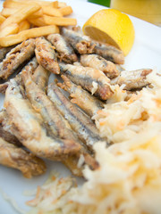 fried anchovy on a plate with fries