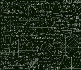 Mathematical vector seamless pattern with plots and formulas on a green background