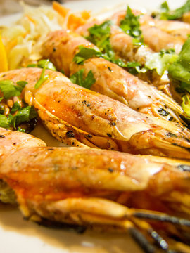 fried shrimps on a plate with aromatic herbs