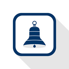 square blue icon bell with long shadow - symbol of alarm, announce, alert, music, mute, reminder, sound
