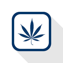 square blue icon leaf marijuana with long shadow - symbol of medical cannabis, hemp, healing