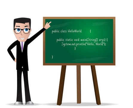 Character guy with green board and java code