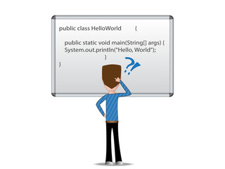 Character guy with white board and java code