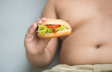 chicken cheese Hamburger on obese fat boy hand