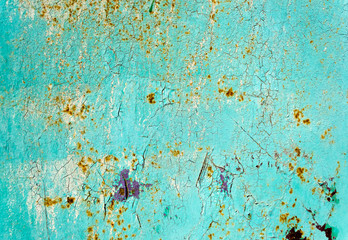 Rusty painted blue metal texture with cracked paint.