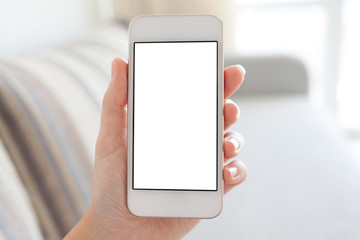 female hand holding white phone with isolated screen