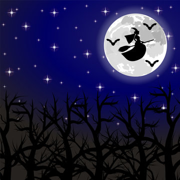 witch flying on a broom on a full moon in the forest