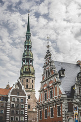 Fototapeta na wymiar Saint Peters Church is a tall Lutheran church in Riga, Latvia