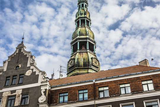 Saint Peters Church is a tall Lutheran church in Riga, Latvia